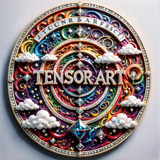 a ultra-detailed intricate round award, diamond and platinum outlines (((text in cursive with only the letters "TENSOR ART"))) rainbow, clouds, diamonds, gems, music notes, inspiration