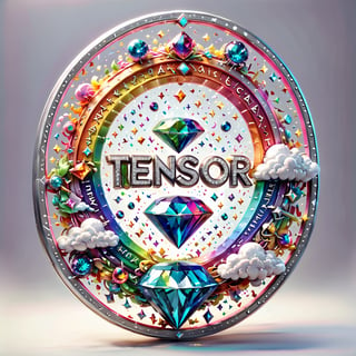 a ultra-detailed intricate round award, diamond and platinum outlines (((text in cursive with only the letters "TENSOR ART"))) rainbow, clouds, diamonds, gems, music notes, inspiration