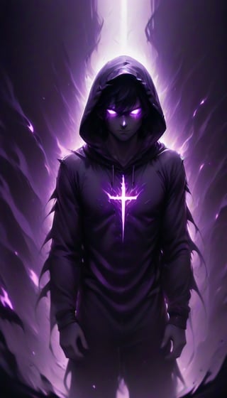 prfm style, dark city street, an air of mystery and fear, minimal purple glow of light from street lights, figure wearing a hood hide in the shadows, can only make out the outline of the mysterious figure. there is a bright yet dark purple light that looks like enegry resonating from behind him through him