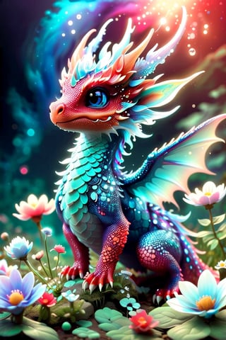 a close up of a tiny fairies dragon in a field of dewy flowers and plants, fantasy gorgeous (((bioluminescent:: translucent))) red and blue lighting, adorable glowing creature, cute little dragon, neon glow concept art, fantasy bioluminescent lighting, crystal dragon, dragon design language, cgsociety 9, glowing neon vray, vfx art, dragon portrait.