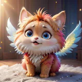8k,3d,(3D extremely detailed and realistic CG rendering),colorful fur,big bright illustrationed eyes,sparkling background,best illumination,extremely delicate and beautiful,playfulness and loyalty,fluffy,adorable companion,illuminating wings for ears, on all four legs,expressive eyes,unique personality,cute accessories,natural lighting