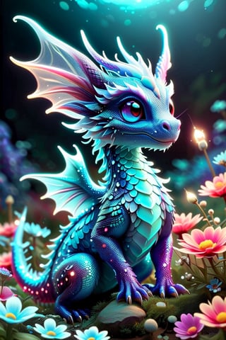 a close up of a tiny fairies dragon in a field of dewy flowers and plants, fantasy gorgeous (((bioluminescent:: translucent))) red and blue lighting, adorable glowing creature, cute little dragon, neon glow concept art, fantasy bioluminescent lighting, crystal dragon, dragon design language, cgsociety 9, glowing neon vray, vfx art, dragon portrait.