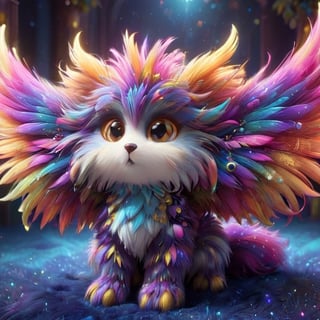 8k,3d,uhd(3D extremely detailed and realistic CG rendering),colorful fur,big bright illustrationed eyes,sparkling background,best illumination,extremely delicate and beautiful,playfulness and loyalty,fluffy,adorable companion,illuminating wings,wings on side of head, on all four legs,expressive eyes,unique personality,cute accessories,natural lighting