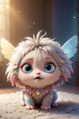 (extremely detailed and realistic CG rendering),colorful,big bright eyes,sparkling background,best illumination,extremely delicate and beautiful,playfulness and loyalty,fluffy,adorable companion,illuminating wings, on all four legs,expressive eyes,unique personality,cute accessories,natural lighting