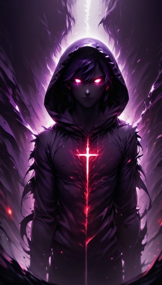 prfm style, dark city street, an air of mystery and fear, hints of purple and minimal red glowing of lights from street lights, figure wearing a hood hide in the shadows, can only make out the outline of the mysterious figure. there is a bright yet dark purple light that looks like enegry resonating from behind him through him