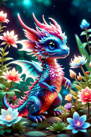 a close up of a tiny fairies dragon in a field of dewy flowers and plants, fantasy gorgeous (((bioluminescent:: translucent))) red and blue lighting, adorable glowing creature, cute little dragon, neon glow concept art, fantasy bioluminescent lighting, crystal dragon, dragon design language, cgsociety 9, glowing neon vray, vfx art, dragon portrait.