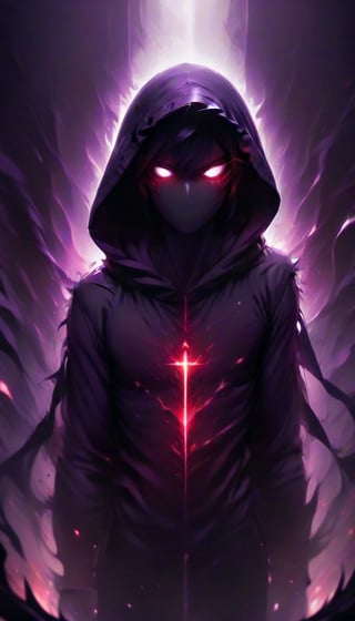 prfm style, dark city street, an air of mystery and fear, hints of purple and minimal red glowing of lights from street lights, figure wearing a hood hide in the shadows, can only make out the outline of the mysterious figure. there is a bright yet dark purple light that looks like enegry resonating from behind him through him