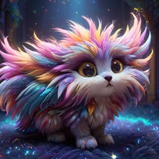 8k,3d,(3D extremely detailed and realistic CG rendering),colorful fur,big bright illustrationed eyes,sparkling background,best illumination,extremely delicate and beautiful,playfulness and loyalty,fluffy,adorable companion,illuminating wings side of head, on all four legs,expressive eyes,unique personality,cute accessories,natural lighting