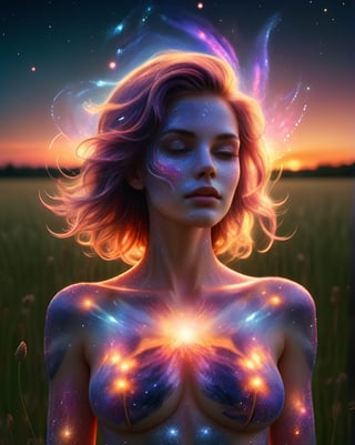 A close up fantastic image of a woman's outline containing the entire galaxy inside of her, as she stands in a field in summer at sunset, a soft aura surrounding her
