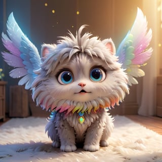 8k,3d,(3D extremely detailed and realistic CG rendering),colorful fur,big bright illustrationed eyes,sparkling background,best illumination,extremely delicate and beautiful,playfulness and loyalty,fluffy,adorable companion,illuminating wings, on all four legs,expressive eyes,unique personality,cute accessories,natural lighting