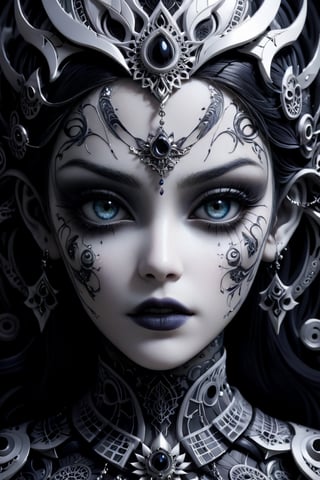 (Black and white, intricate details, close-up of a woman's face with an intricate design, 3DCGI anime fantasy artwork, necro, detailed patterned skin, abstract fragments, impressive eyes, mixed media, 3D rendering Silver painting, symmetrical beauty, ambient occlusion rendering, psytrance), Detailed Textures, high quality, high resolution, high Accuracy, realism, color correction, Proper lighting settings, harmonious composition, Behance works,ct-niji2,xxmix_girl,goth person