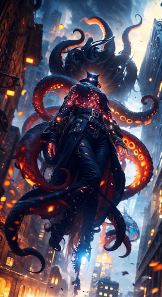 1girl, solo, long hair, breasts, looking at viewer, black hair, red eyes, full body, outdoors, sky, belt, pants, cloud, hair over one eye, tattoo, glowing, black pants, ground vehicle, building, black nails, motor vehicle, tentacles, floating, city