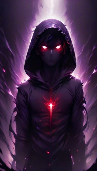 prfm style, dark city street, an air of mystery and fear, hints of purple and minimal red glowing of lights from street lights, figure wearing a hood hide in the shadows, can only make out the outline of the mysterious figure. there is a bright yet dark purple light that looks like enegry resonating from behind him through him