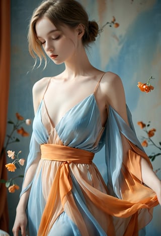 (fashion photography:1.3),photography,(fashion sweet girl:1.25),(close-up:1.1),(elegant posture:1.2),(delicate skin:1.1),(gentle and elegant dress:1.2),(a soft, fluttering fabric:1.1),silk-like fabric,,TJ,soft petals,
(blue and orange tones:1.1),,,whimsical,dream color,morandi shades,elegant soft natural light,