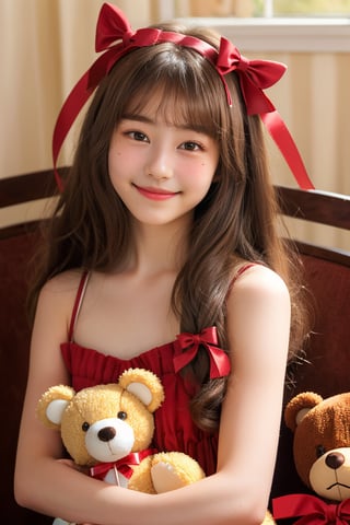 1girl, solo, stuffed toy, stuffed animal, long hair, bow, looking at viewer, hair bow, smile, black hair, ribbon, brown hair, upper body, teddy bear, bangs, mole,14 y.o.