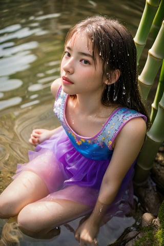 best quality,(RAW photo:1.2),(masterpiece:1.4),wronged expression, higher detail RAW color pro photo of a girl, long hair, depth of field, from above, Sitting in the water, looking at the audience,(Light colored,pink, blue, purple),flower embroidery ,Wet clothes,Tulle, silk, translucent,lake, beautiful detailed water,Bamboo grove ,outdoors, (floating petal),high detailed skin,close-up,Natural light