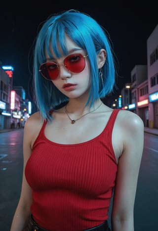 1girl,solo,blue hair,sunglasses,night,cyberpunk,red top,