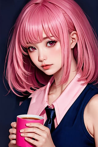 lucy (elfen lied), {highly aesthetic}, [detailed], [ medium hair], best quality, {mature female}, hair, pink hair, blunt bangs, side locks, red eyes, {{medium breasts}}, angry, emotionless, straight hair, {nose}, detailed, [[background]], painterly, [JC Leyendecker], [homare], [skinny], Official art, office lady, black vest , black necktie, pink shirt, upper body, looking at viewer, radiant light, [horns], from side, , holding coffee mug