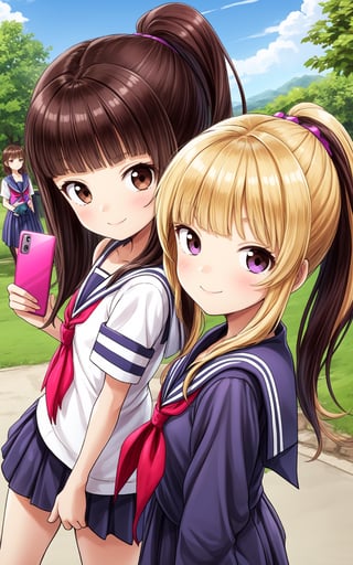 2girls, rika, Two-Tone Hair, multicolored hair, medium hair, blonde hair, brown hair, purple eyes, ponytail, juri, long hair, brown hair, one_side_up, brown eyes, serafuku, outdoors, park, looking at viewer, selfie, smile,AGGA_STDB015,