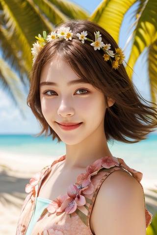 1girl,flower,brown hair,realistic,looking at viewer,hair flower,outdoors,sleeveless,hair ornament,shirt,smile,day,beach,solo,sleeveless shirt,masterpiece,best quality,picture-perfect face,ultra realistic 8k CG,