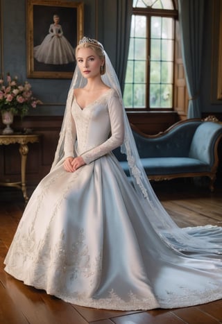 beautiful photorealistic portrait young Galadriel portrayed by (young Grace Kelly) in an intricate wedding gown with a tiara and flowered veil in a victorian sitting room, flowing silver hair, silver shoes, standing on a wooden floor, wide shot portrait, sharp, photography, Nikon D850, 50mm, f/2.8, complementary color, soft lighting, ((full body shot))