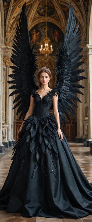 A girl wearing a long black wedding dress, church, baroque style, detailed feathers, huge wings, full body, big scene, super realistic,