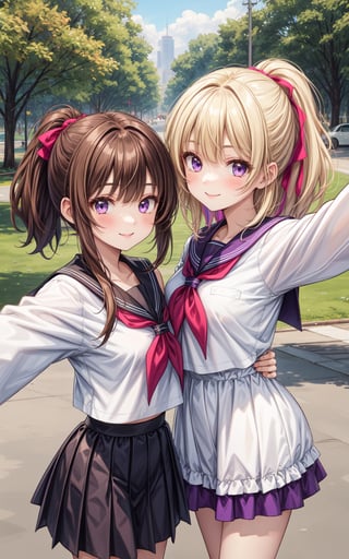 2girls, rika, Two-Tone Hair, multicolored hair, medium hair, blonde hair, brown hair, purple eyes, ponytail, juri, long hair, brown hair, one_side_up, brown eyes, serafuku, outdoors, park, looking at viewer, selfie, smile