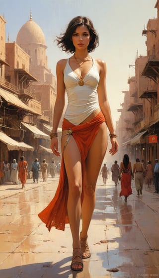 painting by Moebius and Andre Kohn, princess of Mars walking in the street, martian Barsoom city background