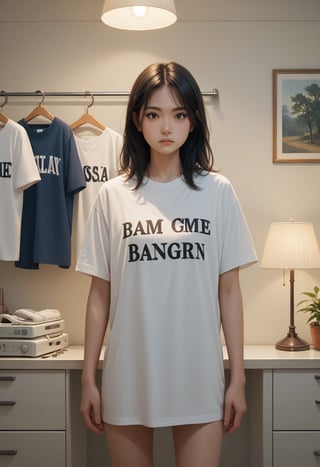 score_9, score_8_up, score_7_up, score_6_up, score_5_up, score_4_up, 

1girl, solo, long hair, shirt, black hair, standing, short sleeves, indoors, medium hair, t-shirt, clothes writing, lamp, print shirt, clothes hanger