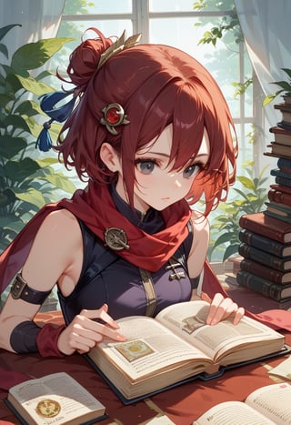 score_9, score_8_up, score_7_up, score_6_up,source_anime,
darkred hair,Top Knot,hair ornament,black eyes,(scarf,sleeveless ninja costume),book reading