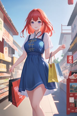 (best quality,4k,8k,highres,masterpiece:1.2),ultra-detailed, red haired Chinese college student, Dilraba Dilmurat, blue sundress, smiling, shopping at minimart, HDR, 8k, absurdres, cinestill 800, sharp focus