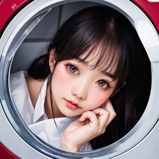 masterpiece,ultra highres,ultra detailed,best quality,glossy pvc skin, Portrait of an 18-year-old Taiwanese woman, realistic circular fisheye lens slightly, view from inside small washing machine with Reach out putting clothes, a attractive Japanese young girl stand front of a washing machine, collarbone, makeupless skin, leaning forward to get into the washing machine to get clothes. in white apron, intricate, highly detailed, strap slip, noise texture, incredibly lifelike.