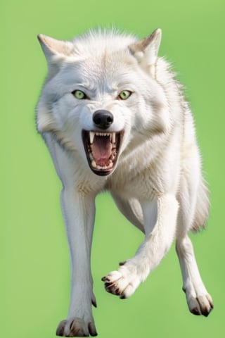 White wolf, (((plane green background))) ,open mouth ,angry face,ready to attack,full body can be seen, four legs can be seen