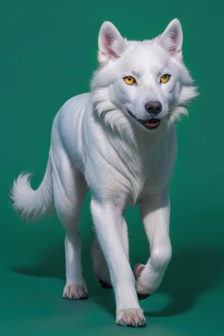 Pure White wolf, (((plane dark green background))) ,full body can be seen, (((four legs can be seen))),((going left)),((yellow eyes)),studio environment with controlled lighting ,dark environment , wolf tail can be seen ,4 legs