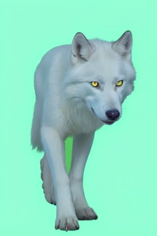 Pure White wolf, (((plane green background))) ,full body can be seen, ((four legs can be seen)),((going left)),((yellow eyes)),studio environment with controlled lighting ,dark environment , wolf tail 