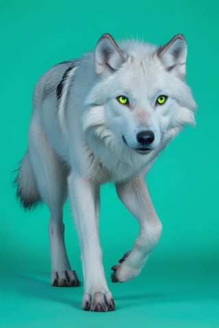 White wolf, (((plane green background))) ,full body can be seen, four legs can be seen,going left,yellow eyes,studio environment with controlled lighting 