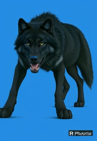 photo r3al,photorealistic,pure black wolf,Animal, open mouth, angry face
