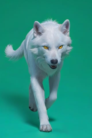 Pure White wolf, (((plane dark green background))) ,full body can be seen, (((four legs can be seen))),((going left)),((yellow eyes)),studio environment with controlled lighting ,dark environment , wolf tail can be seen ,4 legs