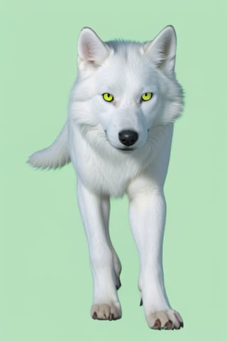 Pure White wolf, (((plane green background))) ,full body can be seen, four legs can be seen,going left,yellow eyes,studio environment with controlled lighting 