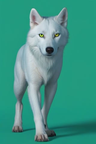 Pure White wolf, (((plane green background))) ,full body can be seen, four legs can be seen,going left,yellow eyes,studio environment with controlled lighting ,dark environment 