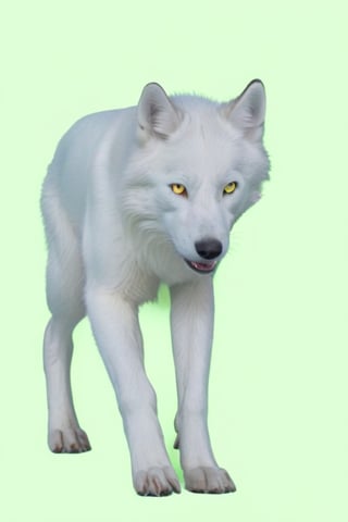 Pure White wolf, (((plane green background))) ,full body can be seen, (((four legs can be seen))),((going left)),((yellow eyes)),studio environment with controlled lighting ,dark environment , wolf tail ,4 legs