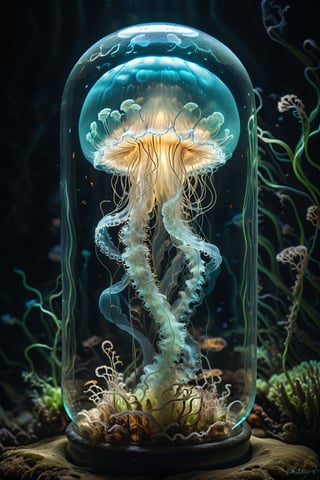 A highly detailed portrait of a bioluminescent jellyfish, glowing ethereally in a jar. The jellyfish floats gracefully in a clear glass jar, emitting a soft, otherworldly glow that illuminates its intricate microbiome. The background is dark, emphasizing the luminosity and delicate structures of the jellyfish. The image captures the subtle interplay of light and shadow, highlighting the surreal beauty of this bioluminescent creature in its confined yet mystical environment.