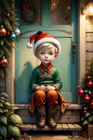 Art by Esao Andrews and Jasmine Becket Griffith Vintage digital illustration full body of a cute young 6 years old boy in christmas outfit, 

sit in a old cottage doorway, 

with christmas, 

ultra hd, 

realistic, 

vivid colors, 

highly detailed, 

UHD drawing, 

pen and ink, 

perfect composition, 

beautiful detailed intricate insanely detailed octane render trending on artstation, 

8k artistic photography, 

photorealistic concept art, 

soft natural volumetric cinematic perfect light