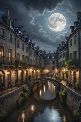 A narrow water canal with arch bridge of a small town, dark fantasy, gloomy houses lined up along the street with charismatic roofs and facades, roofs with mansards and mezzanines, a cityscape inspired by old Paris, a dark moonlit night, the moon peeking through the clouds, soft ambient light, backlight , low angle shot, close-up, well-crafted foreground, detailed image, octane rendering, high detail, highest quality, high-quality textures, complimentary colors with a preference for browns, greens and grays, attractive composition, oil paints, drip paints, inspiration from leading contemporary artists, sharp focus, professional post-processing , Watercolor, trending on artstation, sharp focus, studio photo, intricate details, highly detailed, by greg rutkowski