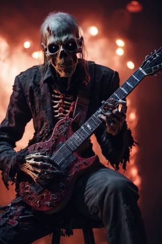 dark fantasy, close up zombie guitar player, playing a guitar made of bones, intricate details, insane details, volumetric lighting, ominous atmosphere, ominous lights, spectral atmosphere, red sparkles, hell scenario