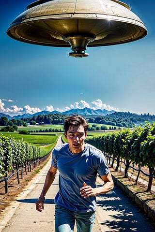 medium shot of a terrified farmer being chased by a shiny metal UFO, running toward the camera UFO behind him, through a California vinyard, we see his face, he is straining, sweating, blue hour, mist, cinematic, masterpiece, best quality, high resolution, realistic, Nature