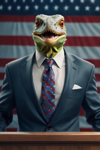 a lizard man wearing a suit and power tie,  standing at a podium giving a powerful campaign speech,  running for President,  campaign banners in the background, hyper-realistic,  photo realism,  cinematographic style,

