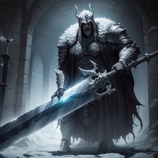 realistic, HDR, Giant, Frost King, Undead, Face covered in shadow, ((Holding giant sword)), armor, lumbering into the dungeon room.,horror, depressing, sad atmostphere, Ghostly face