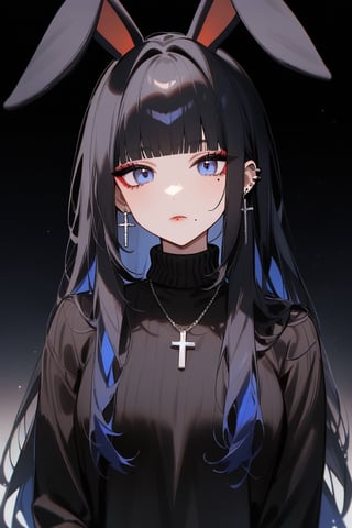 1girl, jewelry, mole, cross, animal_ears, solo, necklace, black_hair, long_hair, black_sweater, rabbit_ears, piercing, earrings, sweater, cross_necklace, ear_piercing, mole_under_eye, looking_at_viewer, bangs, turtleneck_sweater, turtleneck, upper_body, mole_under_mouth, blunt_bangs, blue_eyes, eyeshadow, makeup, closed_mouth, cross_earrings,gothic theme, chromatic_aberration, masterpiece, best quality, very aesthetic, absurdres, HareS