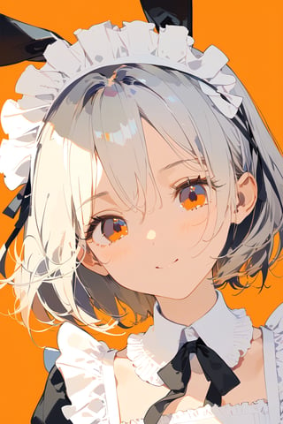 //quality, (masterpiece:1.331), (detailed), ((,best quality,)),//, portrait,/,1girl,solo,bunny_suit,//,expressionless,//,1girl, maid_headdress, solo, maid, white_hair, smile, short_hair, orange_eyes, upper_body, orange_background, closed_mouth, apron, bangs, hair_between_eyes, frills, black_ribbon, dress, maid_apron, puffy_sleeves, ribbon, black_dress, blush, eyelashes, breasts, gothic theme,harev, 